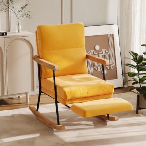 Fauteuil &agrave; Bascule,Rocking Chair avec repose-pieds extensibles,88 x 60 x 98 cm Scandinave,Fauteuil en Bois Massif,Coton et lin,jaune