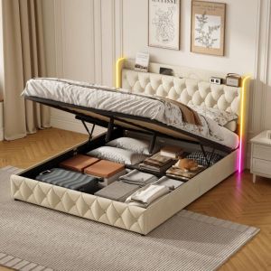 Lit coffre capitonné 140x200 cm - avec éclairage led, sommier en bois massif, velours, grand espace de rangement, style scandinave - Beige