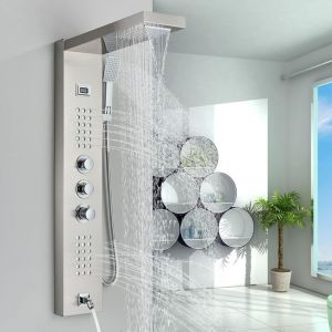 Colonne de Douche Hydromassante Thermostatique Acier inoxydable Nickel Bross&eacute; 5 Fonctions (cascade et t&ecirc;te de douche de pluie, douche de poche, jets