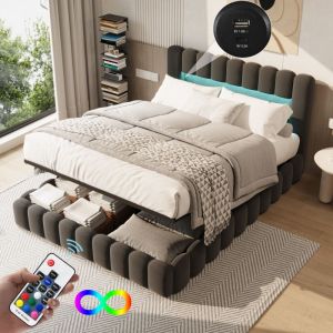 lit coffre 140x200,lit 140x200 avec sommier, lit 140x200,lit adulte,rangement tête de lit,sommier à lattes,rechargeable USB,lin,Gris foncé