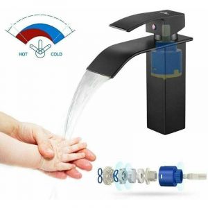Alovez - Auralum Mitigeur Robinet de Lavabo Cascade Noir Moderne Mitigeur Robinet Salle Bain pour Vasque &agrave; Poser Robinetterie Convient pour un Lavabo