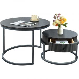 Futurefurniture - Table basse avec tiroirs, tables gigognes, gris, lot de 2, table d'appoint, cadre gris, tables rondes avec motif en marbre, salon,