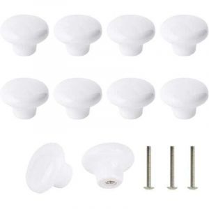 Lot de 10 Bouton En C&eacute;ramique Blanc, C&eacute;ramique Poign&eacute;e Porte, R&eacute;tro Rond En C&eacute;ramique Armoire Tiroir Cuisine Poign&eacute;e De Traction 32mm Avec 3 tailles