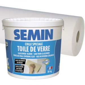 Colle pour toiles de verre en pâte Semin seau 5 kg et toile de verre pour murs et plafonds Sem Toile Eco t 023 - motif maille - 50 m x 1 m