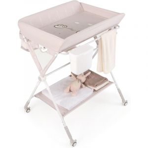 Table à Langer Bébé Pliante, Commode à Langer Réglable en 3 Hauteurs avec Roues Verrouillables, Poubelle, Panier de Rangement, Étagère, Ceinture de