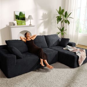 Canap&eacute; d'angle droit 263x171x 59cm, combinaison libre, sans assemblage canap&eacute; en L 4 places avec m&eacute;ridienne Noir en Velours cotel&eacute;