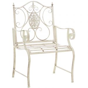 Chaise de jardin balcon terrasse avec accoudoirs design rustique en m&eacute;tal cr&egrave;me vieilli 100003025