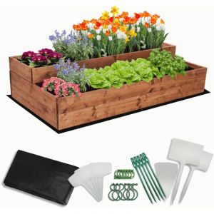 MODO24 Carr&eacute; potager sur&eacute;lev&eacute; en bois, 2 niveaux en cascade, 27x117x63 cm, jardin/terrasse, kit jardinier inclus, brun impr&eacute;gn&eacute;