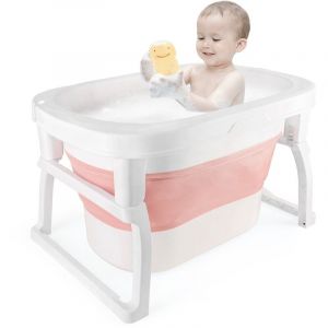 Baignoire Pliable B&eacute;B&eacute;, Plastique Bain Bebe, avec Capteur de Temp&eacute;rature et tabouret, Capacit&eacute; de charge maximale 100 kg, Rose, 74,2x51x42,2cm