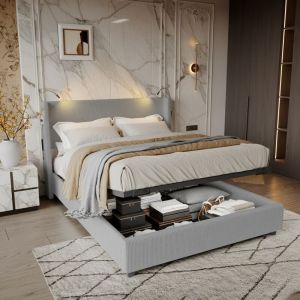 Lit Coffre 140x200 cm - Velours C&ocirc;tel&eacute; Gris - 2 Liseuses LED avec Ports USB - T&ecirc;te de Lit &agrave; Oreilles - Sommier Relevable - Style Scandinave Cosy