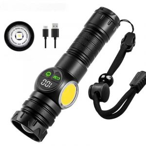 Lampe Torche LED Ultra Puissante, Lampe Torche Rechargeable 2000 Lumens, Lampe de Poche Aimant&eacute;e avec Affichage Num&eacute;rique LCD, Feux Lat&eacute;raux COB, 9