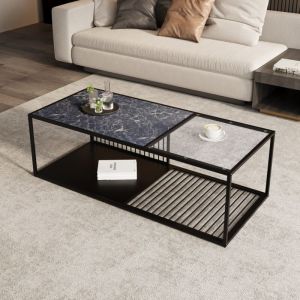 Dans Les Nuages - Table basse fixe 110 cm, rectangulaire, avec étagères de rangement, étagères en verre, motif marbré, fer forgé, moderne, table de