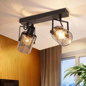 ZMH - Plafonnier 2 Spots E14 Vintage Gris Fum&eacute;e Verre Cylindre Orientable 350&deg;Spot de plafond pour salon hall chambre cuisine