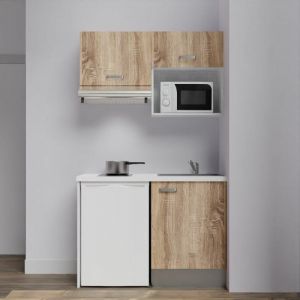 Kitchenette K02L-PT - 120 cm avec plan de travail et &eacute;vier - emplacements frigo, hotte et micro-ondes Fa&ccedil;ade Bois - Plan Blanc - Evier Gris
