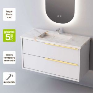 Sanizeo - Meuble de salle de bain plan vasque Grès Cérame Blanc Storm, 2 Tiroirs Poignée Or, l80xh54xp45, Laqué Blanc Mat, like