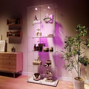 Vitrine en verre, 187x79x35cm, 5 niveaux, vitrine de collectionneur avec lumi&egrave;re LED ronds, vitrine de rangement en verre noir pour la chambre, le