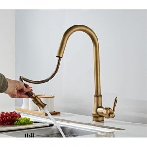 Dpzo &ndash; Robinet de cuisine antique laiton &ndash; Mitigeur rotatif 360&deg; avec douchette extensible &ndash; Laiton bross&eacute; &ndash; Installation facile