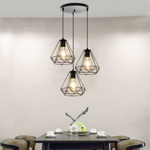 Lustre Suspension en Metal E27 Cage Diamant Forme Diamant Style Industrielle Retro Luminaire Noir