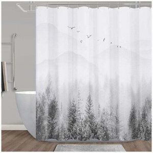 Rideau de douche Rideau de douche vert Montagne Nature Arbre Rideau de douche Ensemble Rideaux de douche gris pour salle de bain hydrofuge h&ocirc;tel, 72