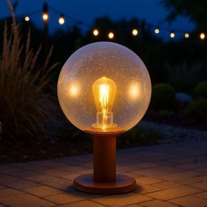 Jardin Eclairage ext&eacute;rieur Lampe de socle ext&eacute;rieur E27 Lampe d'ext&eacute;rieur Lampadaire, alu imitation bois Boule de verre, optique bulle, 1x LED 7W
