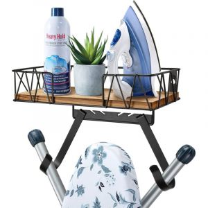 Support mural pour planche &agrave; repasser &ndash; Fer &agrave; repasser et planche &agrave; repasser avec grand panier de rangement en bois et crochets amovibles (forme en T