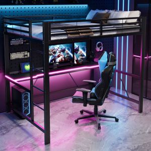 Lit mezzanine gaming 140x200 cm &ndash; M&eacute;tal, &eacute;clairage LED, station USB et bureau &ndash; Noir