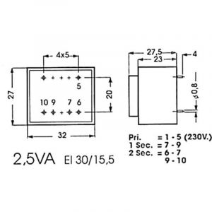 Transformateur moule 2 5va 1 x 24v / 1 x 0 104a