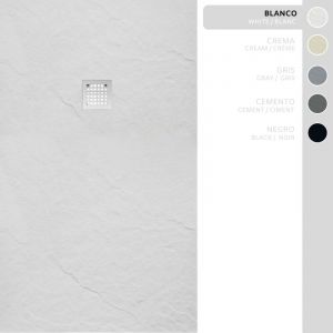 Soulbath - Receveur de Douche en r&eacute;sine et fibre &ndash; Solide et Ultral&eacute;ger &ndash; Texture Ardoise &ndash; Blanc &ndash; 150x90 &ndash; Extra-plat + Bonde d'&eacute;vacuation et Grille