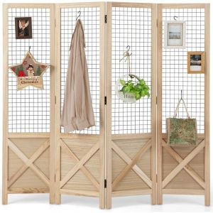 Costway - Paravent Interieur 4 Panneaux 151 x 144 cm, Separateur de Pieces Pliable, Bois en Paulownia, Grille, Closion de Separation Interieur, Pieds