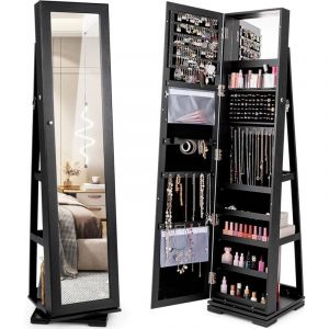 Costway - Armoire &agrave; Bijoux Pivotante &agrave; 360 Degr&eacute;s, Organisateur de Bijoux sur Pieds, avec Grand Miroir Psych&eacute; et Etag&egrave;re de Rangement &agrave; L'Arri&egrave;re