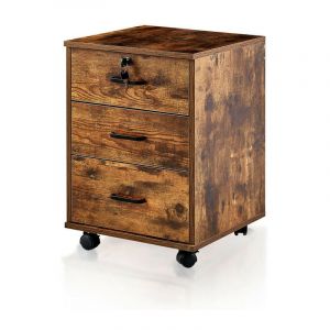 Caisson 3 tiroirs, Meuble rangement bureau mobile avec verrouillable et 4 roulettes, pour format A4, documents, style industriel,Marron