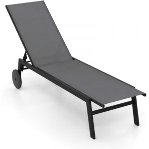 COSTWAY Bain de Soleil avec 2 roulettes, Chaise Longue Jardin Exterieur R&eacute;glable en 6 Positions, Tissu Respirant, Structure en M&eacute;tal, Transat pour
