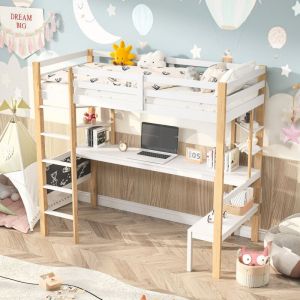 lit mezzanine enfant 90 x 200 cm,lit mezzanine avec bureau,lit mezzanine 1 place,avec tableau noir, garde-corps de sécurité, support de