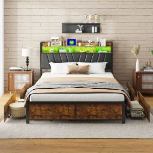 Tanant &ndash; Lit avec tiroirs 140x200 cm &ndash; 4 tiroirs de rangement &ndash; T&ecirc;te de lit avec &eacute;clairage LED &ndash; Base en m&eacute;tal &ndash; Simili cuir noir