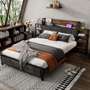 Lit en métal, lit coffre, tête de lit avec étagère, 3 ports usb, éponge velours foncé, adolescents et adultes, structure en métal, lits plats, métal