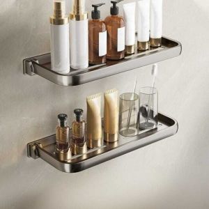 2 pi&egrave;ces, Tablette de salle de bain pliante de 50 cm, &Eacute;tag&egrave;re pliable pour salle de bain, &eacute;tag&egrave;re murale sans per&ccedil;age, rangement pour lavabo, gris