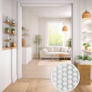 Rideau m&eacute;tallique avec perles blanches pour porte et fen&ecirc;tre &ndash; tige en PVC et fils d&eacute;coratifs en polyester Cm. 120x220