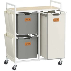 Panier &agrave; linge 3 compartiments corbeille 100 litres bac roulettes chariot avec &eacute;tag&egrave;res sac poches lat&eacute;rales 6 &eacute;tiquettes beige 20006655