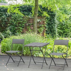 Salon de jardin avec 2 chaises bistro pliant rotin structure m&eacute;tallique gris