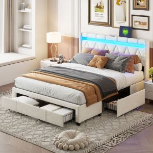 Lit 160x200 avec Tiroir, Lit Double 160x200, Lit Coffre Capitonné avec Rangement, 3 Tiroirs, Lit Adulte Éclairage led Orientable, Chargement usb,