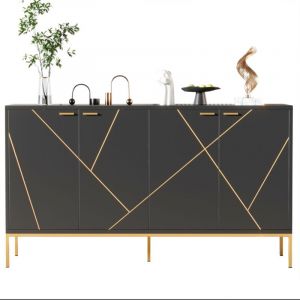 Buffet 4 Portes Noir Buffet Bas de Salon Style Moderne Meuble de Rangement 150x40x80 cm Pieds en Métal Commode