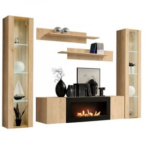 Composition murale FLY &ndash; Ch&ecirc;ne clair &ndash; Vitrines vitr&eacute;es, &eacute;tag&egrave;res et meuble TV avec chemin&eacute;e bio-&eacute;thanol