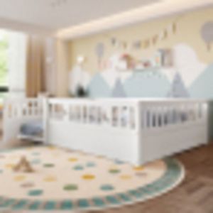 Lit adulte 140x190 cm avec barrière de sécurité, décor étoiles et lune, sommier sans lattes, sans matelas, blanc