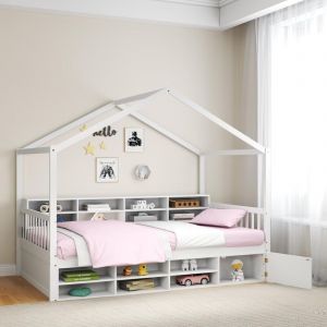 Goplus - Lit Cabane Enfants 90 x 200 cm avec Etag&egrave;res de Rangement Range Chaussures, Cadre de Lit Enfnats Bois avec Casiers et Armoire, Plateforme &agrave;