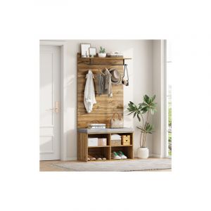 Wishdor - Vestiaire d'entrée 175 cm, banc à chaussures avec coussins gris, miroir, tiroirs, étagères, crochets, noir et chêne