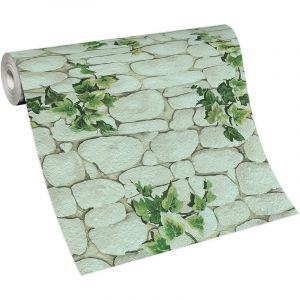 Bricoflor - Papier peint imitation pierre & feuilles idéal salon Tapisserie à motif brique blanche Papier peint pour couloir blanc & vert