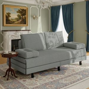 Lit gigogne 90/180x200 cm, lit capitonn&eacute;, avec canap&eacute;-lit extensible, tissu lin, sommier &agrave; lattes, canap&eacute;-lit double,Gris