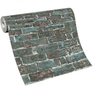 Bricoflor - Papier peint original motif pierre turquoise & marron Tapisserie imitation brique style industrielle Papier peint brique moderne pour