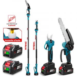 Tronconneuse avec Perche 8 Pouces & Secateur Electrique Telescopique 25 mm, 3 en 1 &Eacute;lagueuse sur Perche avec 2 Batteries, Port&eacute;e Maximale 2m