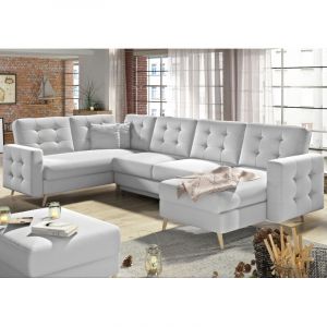Les Tendances - Canap&eacute; panoramique convertible capitonn&eacute; simili cuir blanc Anska 320cm